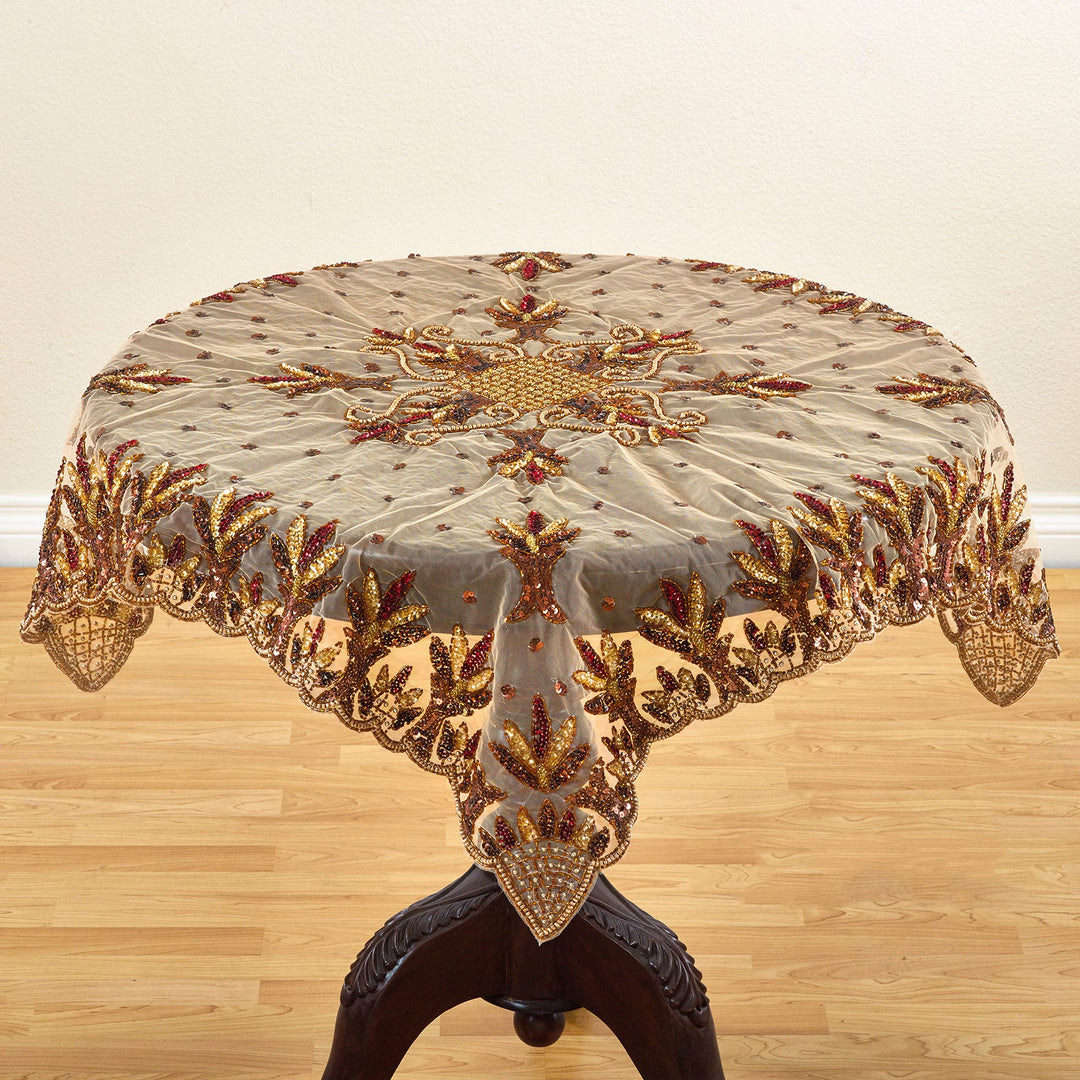 Saro Lifestyle Hand Beaded Table Topper Pewter 40"