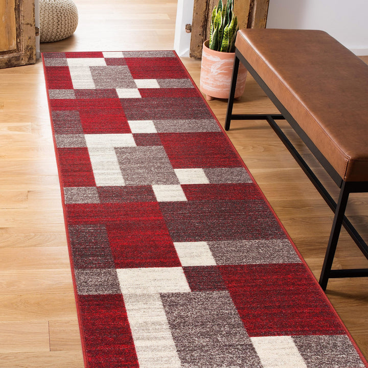 Modern Boxes Design Non-Slip (Non-Skid) Runner Rug 2' X 7' (22" X 84") Red 2' x 7' Runner - Red