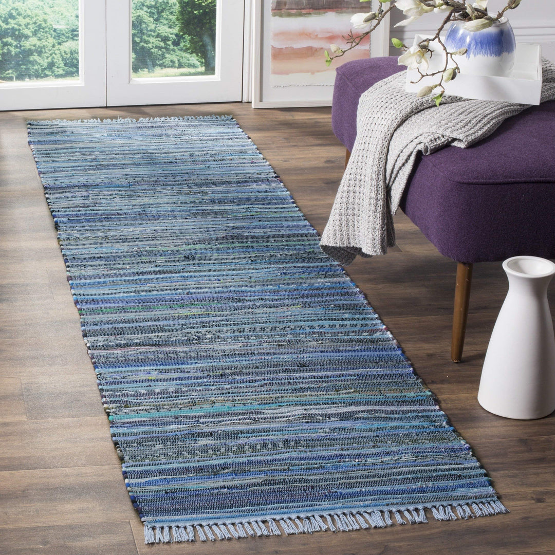 Rag Rug Runner with Tassels Navy Aqua Blue Rags Weave Floor Mat Hallway 2'3" x 8' Runner - Blue/Multi