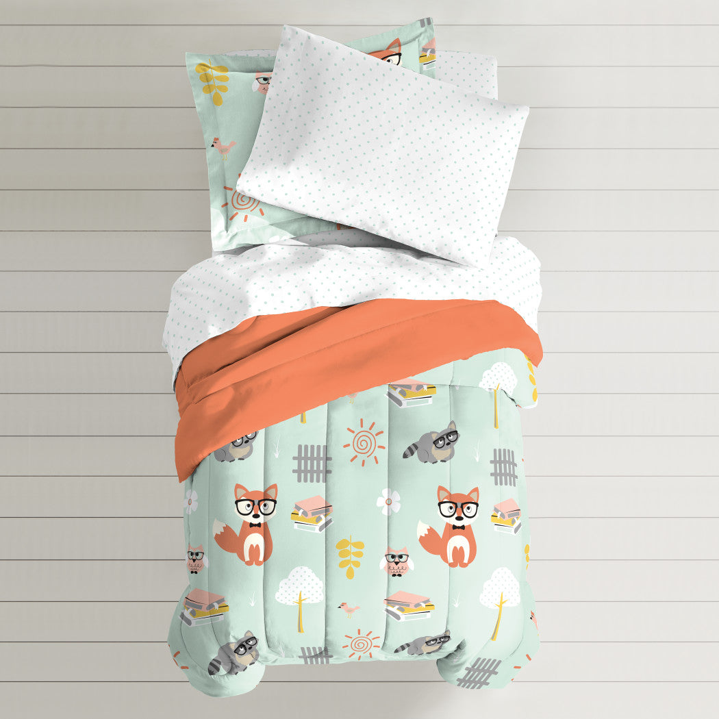 Kids Unisex Mint Orange Woodland Comforter Twin Set Green Safari Themed Bedding Adorable Forest Animals Bed Bag Foxes Raccoons Owls Wearing Glasses