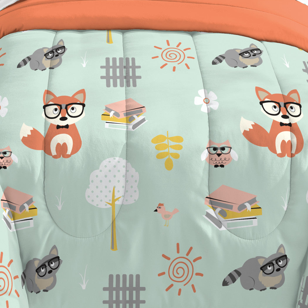 Kids Unisex Mint Orange Woodland Comforter Twin Set Green Safari Themed Bedding Adorable Forest Animals Bed Bag Foxes Raccoons Owls Wearing Glasses