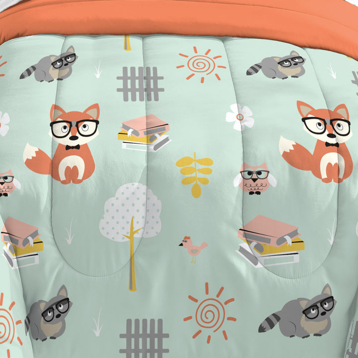 Kids Unisex Mint Orange Woodland Comforter Twin Set Green Safari Themed Bedding Adorable Forest Animals Bed Bag Foxes Raccoons Owls Wearing Glasses