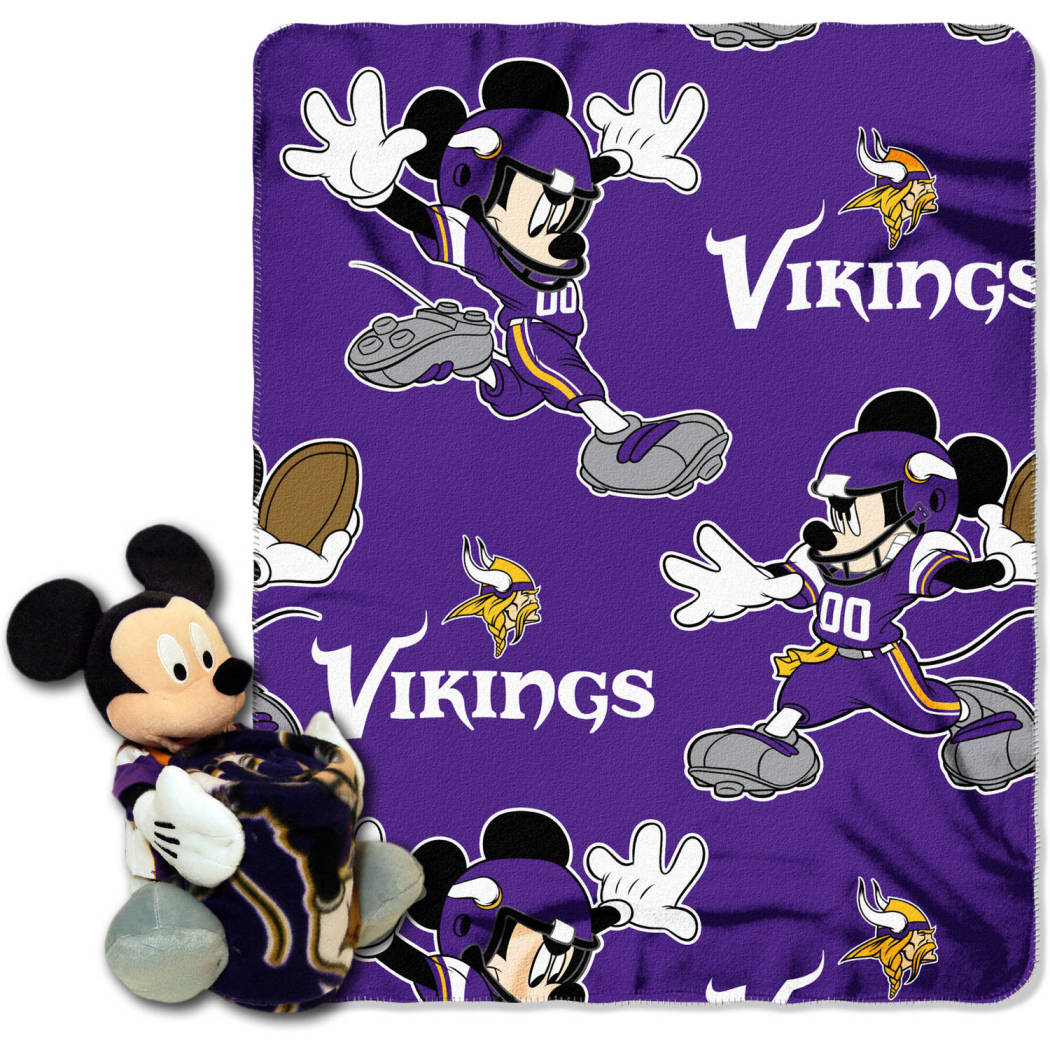 NFL Vikings Throw Blanket Full Set Disney Mickey Mouse Character Shaped Pillow Sports Patterned Bedding Team Logo Fan Purple Gold White - Diamond Home USA