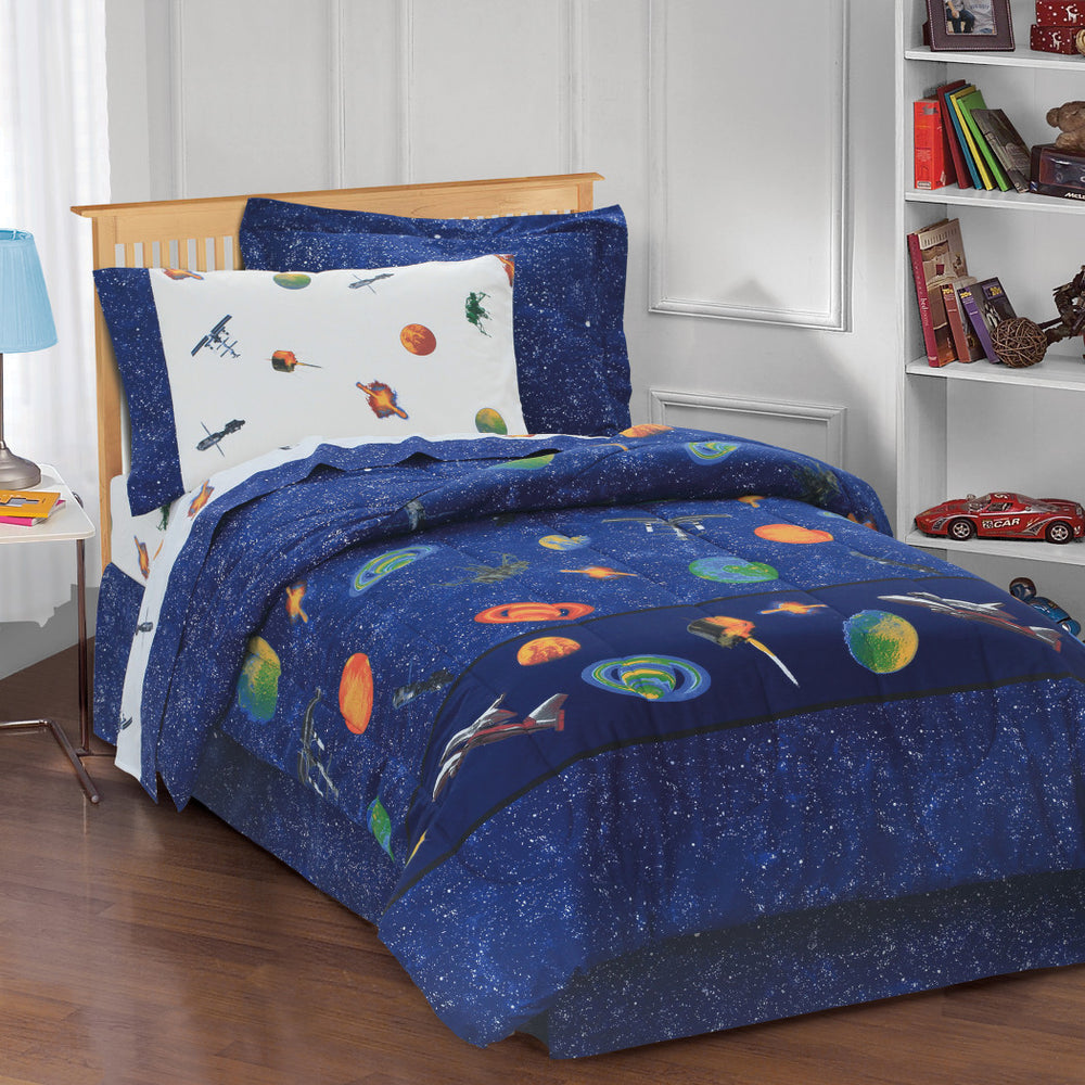 Outer Space Themed Comforter Set Sheets Orbiting Planets Stars kling Satellites Rockets Comets Teen Themed Plush