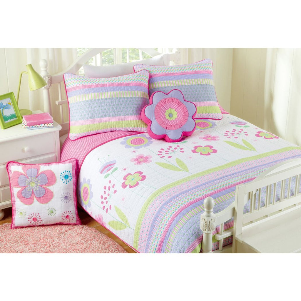 Pink White Blossom Floral Quilt Set Twin Blue Lavender Flower Leaves Printed Boho Chic Hippie Teen Themed Kids Bedding Bedroom Eye Catchy Casual Colorful Cotton - Diamond Home USA