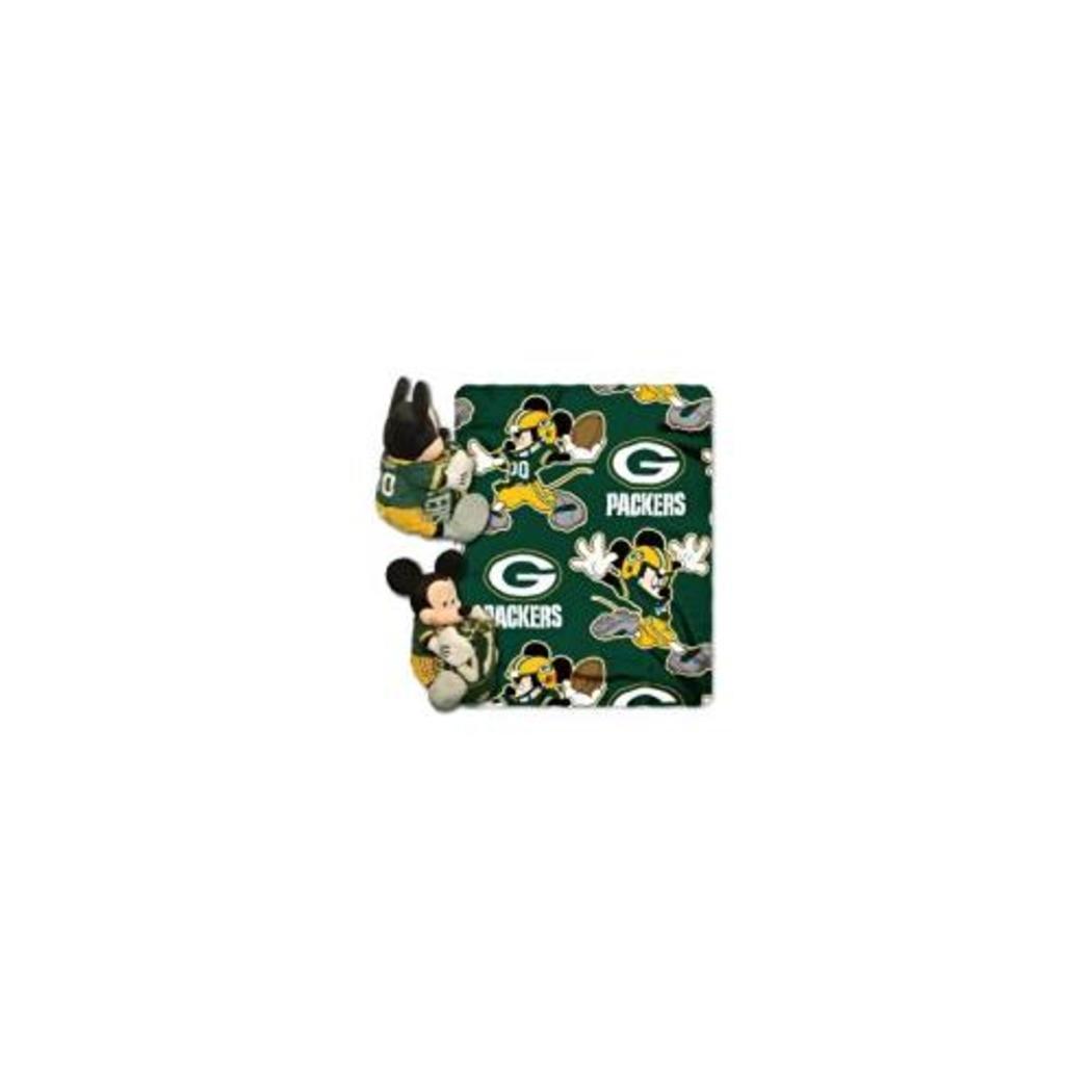 NFL Packers Throw Blanket Full Set Disney Mickey Mouse Character Shaped Pillow Sports Patterned Bedding Team Logo Fan Gold Dark Green Polyester - Diamond Home USA