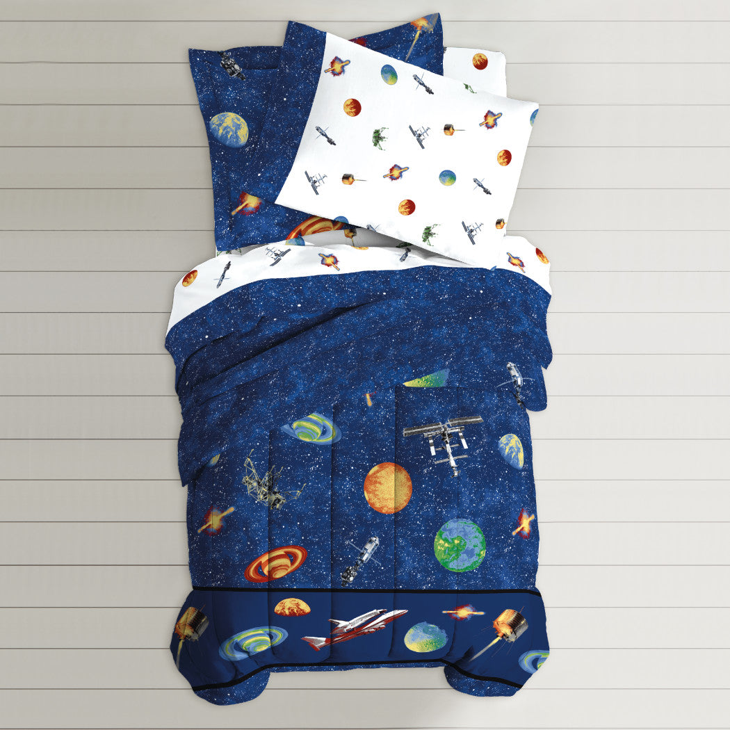 Outer Space Themed Comforter Set Sheets Orbiting Planets Stars kling Satellites Rockets Comets Teen Themed Plush