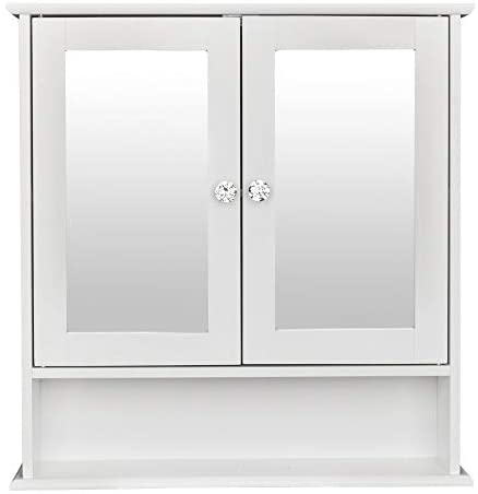 Double Door Mirror Indoor Bathroom Wall Mounted Cabinet Shelf White Modern Contemporary MDF Wood Finish Included - Diamond Home USA