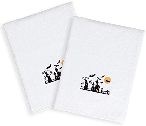 Halloween Embroidered Haunted House White Turkish Cotton Hand Towels (Set 2) Black Novelty