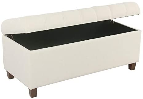 MISC Button Tufted Storage Bench Cream Solid Fabric Walnut Finish