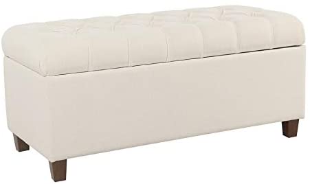 MISC Button Tufted Storage Bench Cream Solid Fabric Walnut Finish