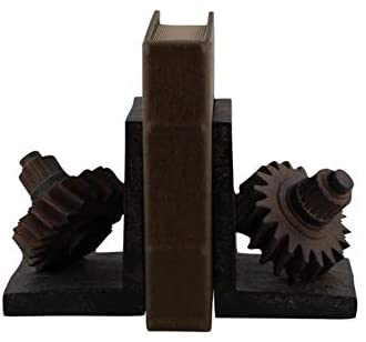 Rusted Gear Themed Book End (Set 2) Brown Industrial Acacia Marble Wood