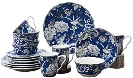 Dark Blue 16 Piece Dinnerware Set Floral Porcelain