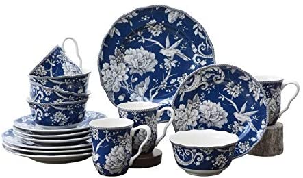 MISC Dark Blue 16 Piece Dinnerware Set Floral Porcelain Pieces