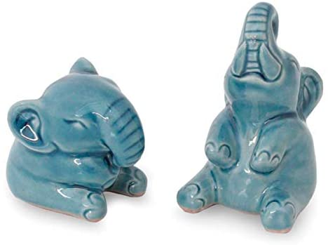 Handmade Happy Elephants Blue Celadon Artisan Animal