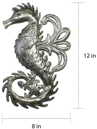 Embossed Seahorse Recycled Metal Wall Art (Haiti) Grey Bohemian Eclectic Nautical Coastal Steel Handmade - Diamond Home USA