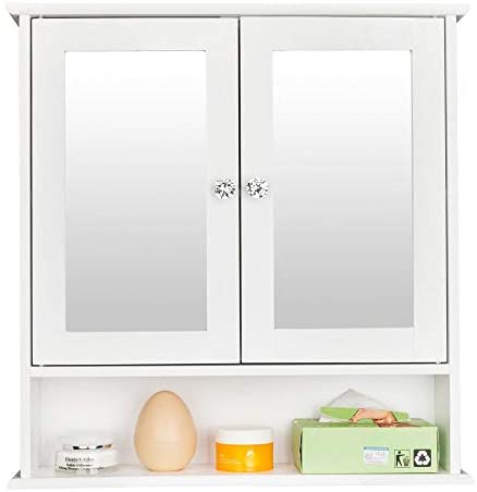 Double Door Mirror Indoor Bathroom Wall Mounted Cabinet Shelf White Modern Contemporary MDF Wood Finish Included - Diamond Home USA