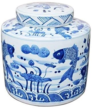 Handmade Fish Cylinder Tea Jar Blue Porcelain Handcrafted