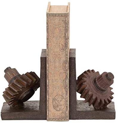 Rusted Gear Themed Book End (Set 2) Brown Industrial Acacia Marble Wood