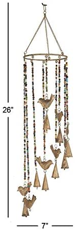 Eclectic 26 X 7 Inch Gold Bird Wind Chime Colored Beads Bohemian Iron