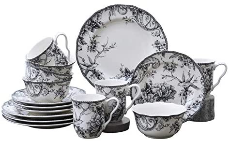 Black 16 Piece Dinnerware Set Floral Porcelain