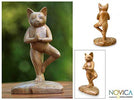 Handcrafted Wood 'Tree Pose Yoga Cat' Sculpture Handmade Indonesia Brown