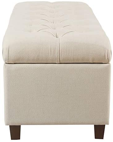 MISC Button Tufted Storage Bench Cream Solid Fabric Walnut Finish