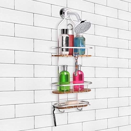 Tia Large Over Showerhead Rustproof Shower Caddy Teak Shelves Metal - Diamond Home USA