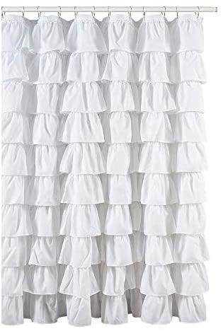 Ruffled White Fabric Shower Curtain Graphic Casual