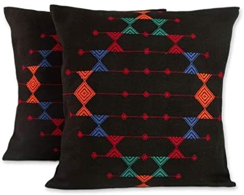 Handmade Festival Galaxy Cotton Set Two Cushion Covers (India) Black Color Block Modern Contemporary Traditional