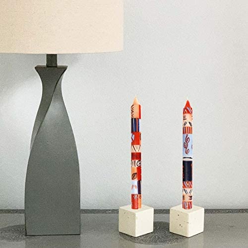 Hand Painted Candles Uzushi Design (Pair Tapers) Tan Beach Bohemian Eclectic Wax Handmade - Diamond Home USA