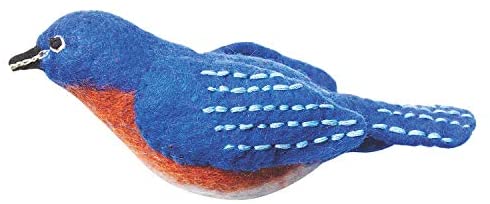 Handmade Wild Felt Bird Garden Ornament Bluebird (Nepal) Blue Red Bohemian Eclectic Farmhouse - Diamond Home USA