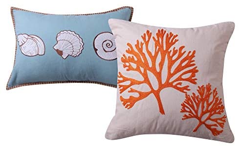 Maui Pillow Set (Set 2 Pillows) Blue Orange Tan Embroidered Nature Nautical Coastal Cotton Removable Cover
