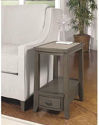 Solid Wood Chairside Table Grey Transitional Rectangle Pewter Veneer Brushed Drawers Shelf