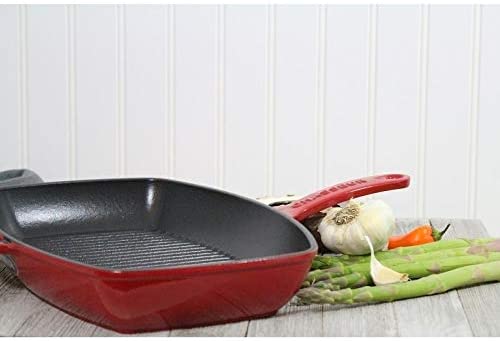 12 inch Red Rectangular French Enameled Cast Iron Grill Pan Metal Oven Safe