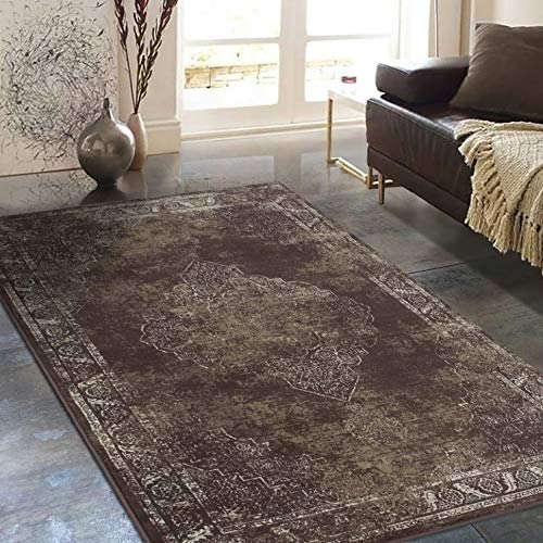 Rugs Distressed Chocolate Mocha Rectangular Accent Area Rug Ivory Persian Design 7' 6