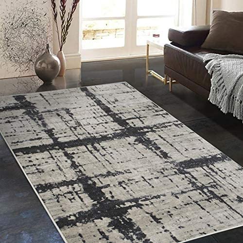 Rugs Distressed Beige Cream Rectangular Accent Area Rug Charcoal Grey Abstract Design 7' 6