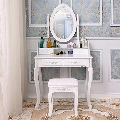 Rotation Removable Mirror Dressing Vanity Table Makeup Desk Stool White Modern Contemporary Wood Finish