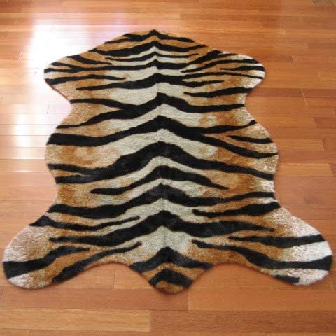 MISC Tiger Skin Pelt Rug (3'3 X 4'7) 3'3" 4'7" Black Ivory White Animal Novelty Shag Acrylic Polyester Synthetic Contains Latex