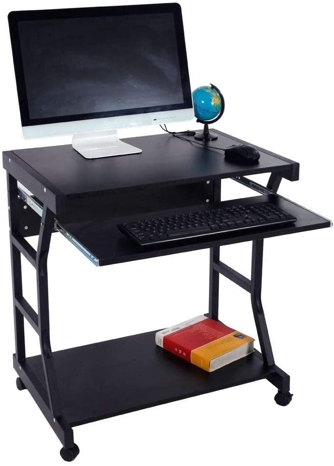 29" Moveable Study Desk Four Wheel Computer Black Children's Rectangular Steel Wood Finish Shelves - Diamond Home USA