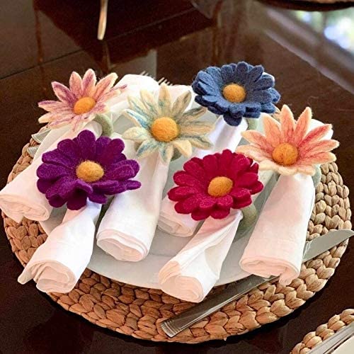 Thrift Handmade Felt Daisy Napkin Rings (Set 6) Color Natural Fiber