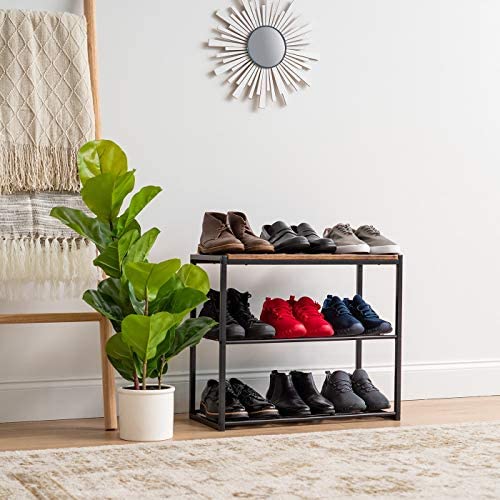 3 Tier Shoe Storage Organizer Wood Steel Shelf Black No Accessories - Diamond Home USA