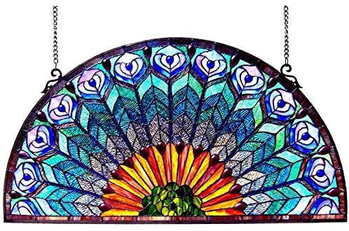 Peacock Design Half Round Stained Glass Window Panel Color Animals Metal Includes Hardware