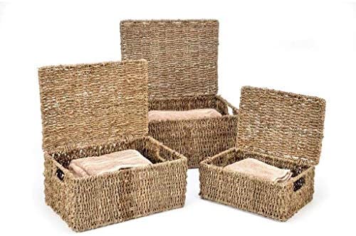 Set 3 Rectangular Seagrass Baskets Lids