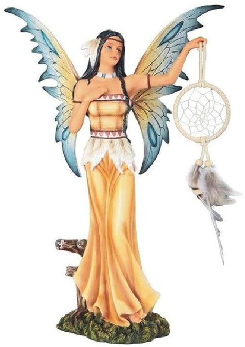 Unknown1 16" h Native American Fairy Holding Dream Catcher Statue Fantasy Decoration Figurine Yellow Polyresin