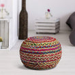 Boho Braided Chindi Jute Pouf Ottoman (14" X 20") Color Natural Striped Casual Modern Contemporary Pattern Oval Cotton Textured Handmade