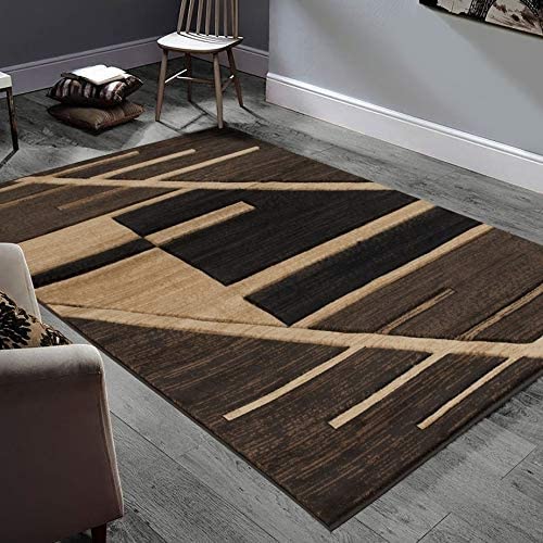 Rugs Hand Carved Chocolate Espresso Rectangular Accent Area Rug Mocha Abstract Geometric Design 4' 11" x6' 11" Brown Stripe Modern Contemporary
