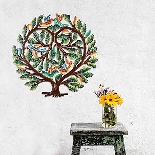 Handmade 24 inch Painted Tree Life Heart Metal Wall Art (Haiti) Color Bohemian Eclectic Cabin Lodge Hand Steel - Diamond Home USA