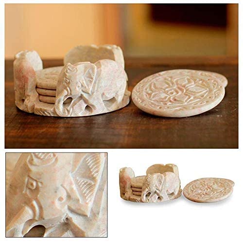 Handmade Carved Roses Elephant Holder Barware Entertaining Decorator Accent Beige Marble Drink Coasters (India)