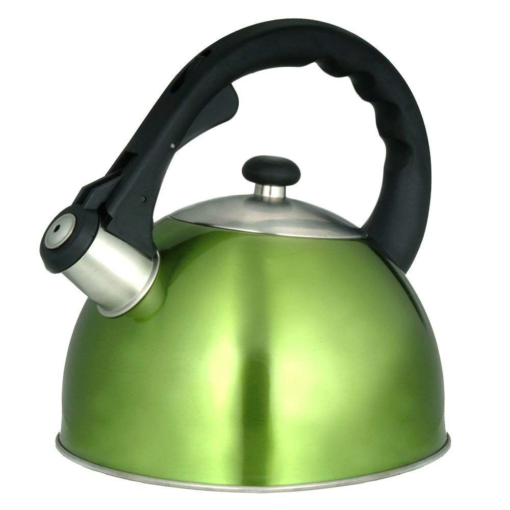 Green Whistling Tea Kettle Maker Pot Kitchen Metallic Tea Kettles Stovetop Whistling Alert Water Boiling Contemporary 2 8 Quarts Silver Chrome Black